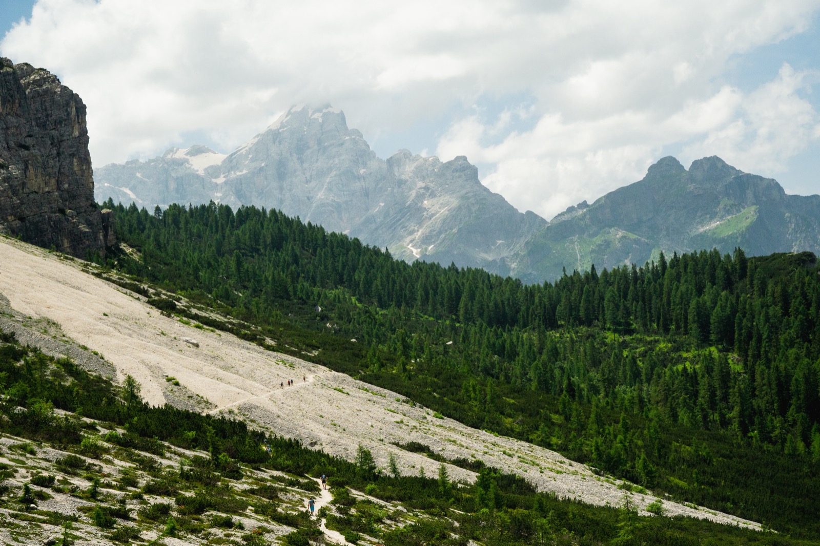 Trail cutting across a scree slope below forested ridges and distant peaks