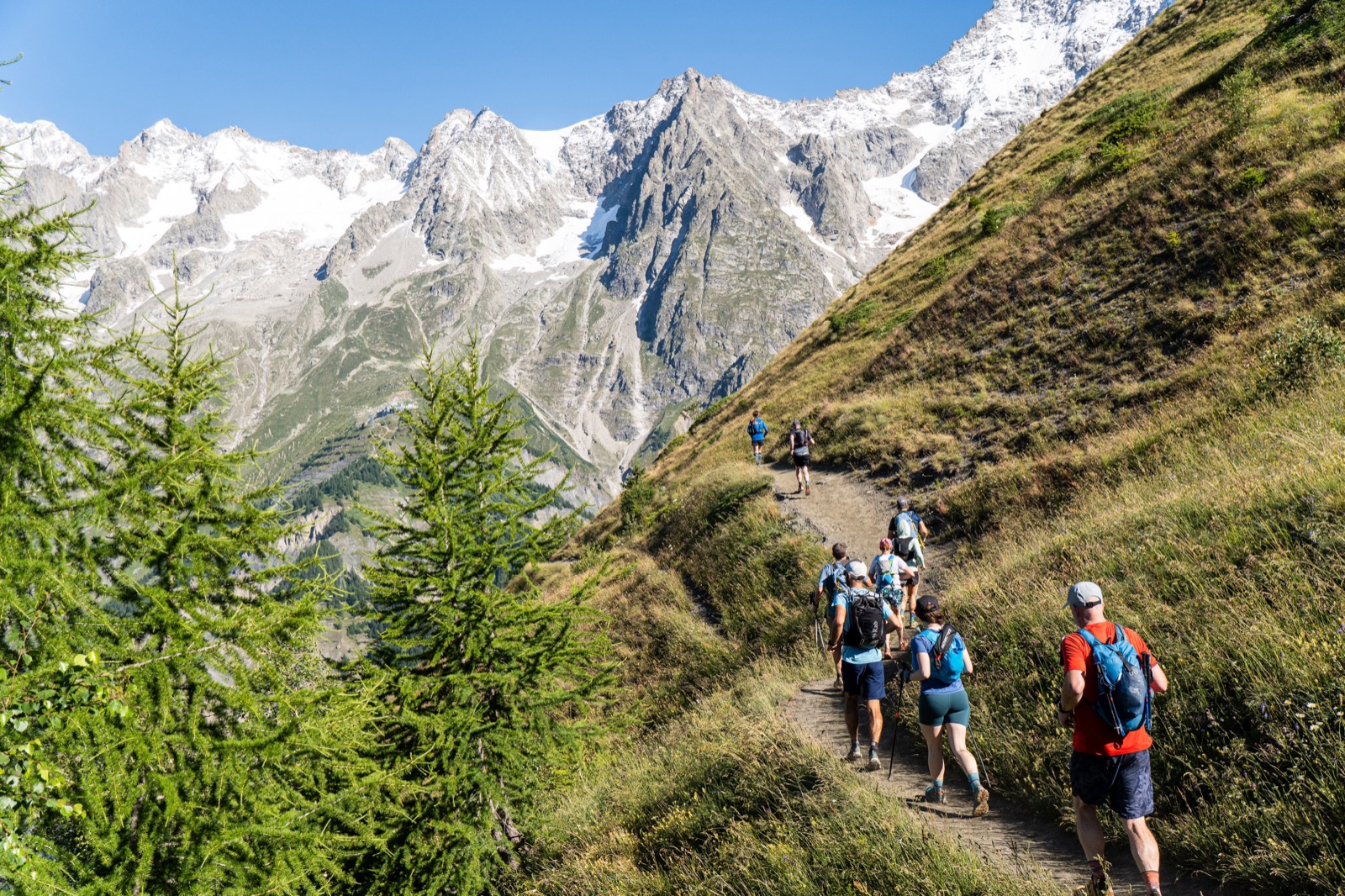 Line of runners on a hillside trail facing the Mont Blanc range